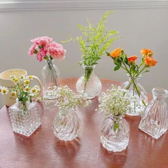 Kleine klare, niedliche Mini-Vintage-Dekorationen, Zuhause, Tisch, Blumendekoration, Glasvasen für rustikale Hochzeiten